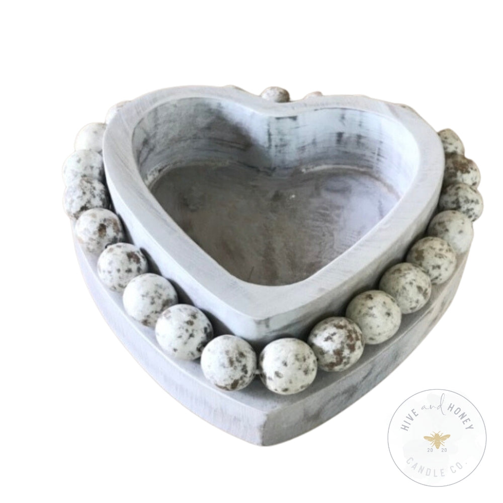 Acacia Wood | Beaded Heart Bowl - White