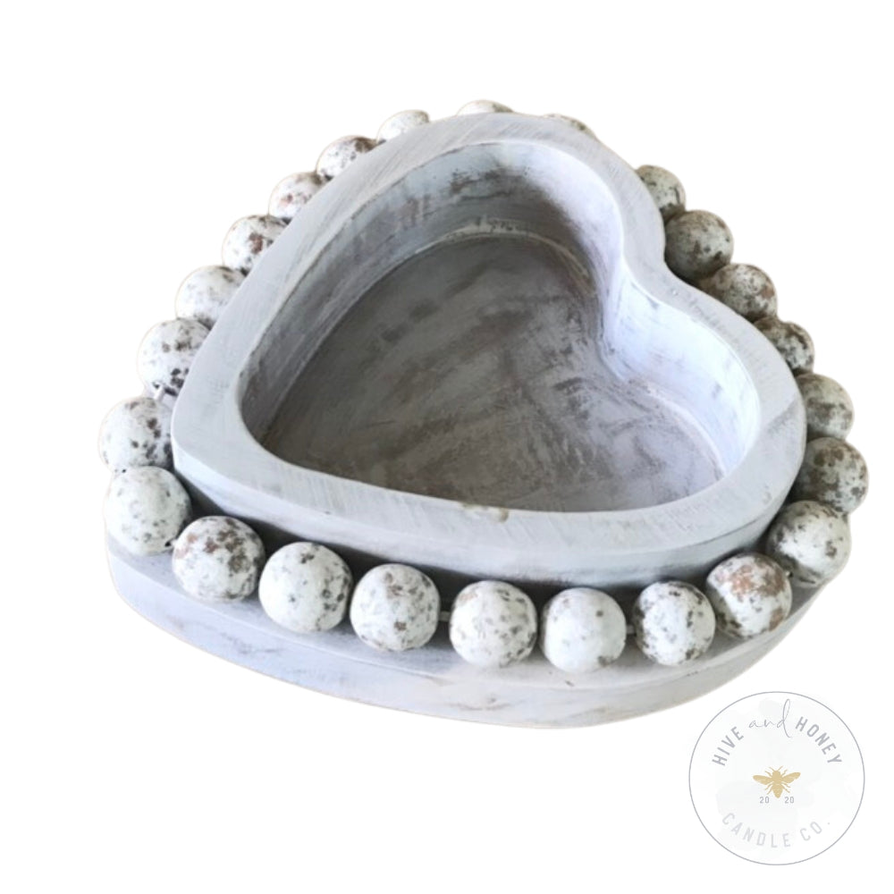 Acacia Wood | Beaded Heart Bowl - White