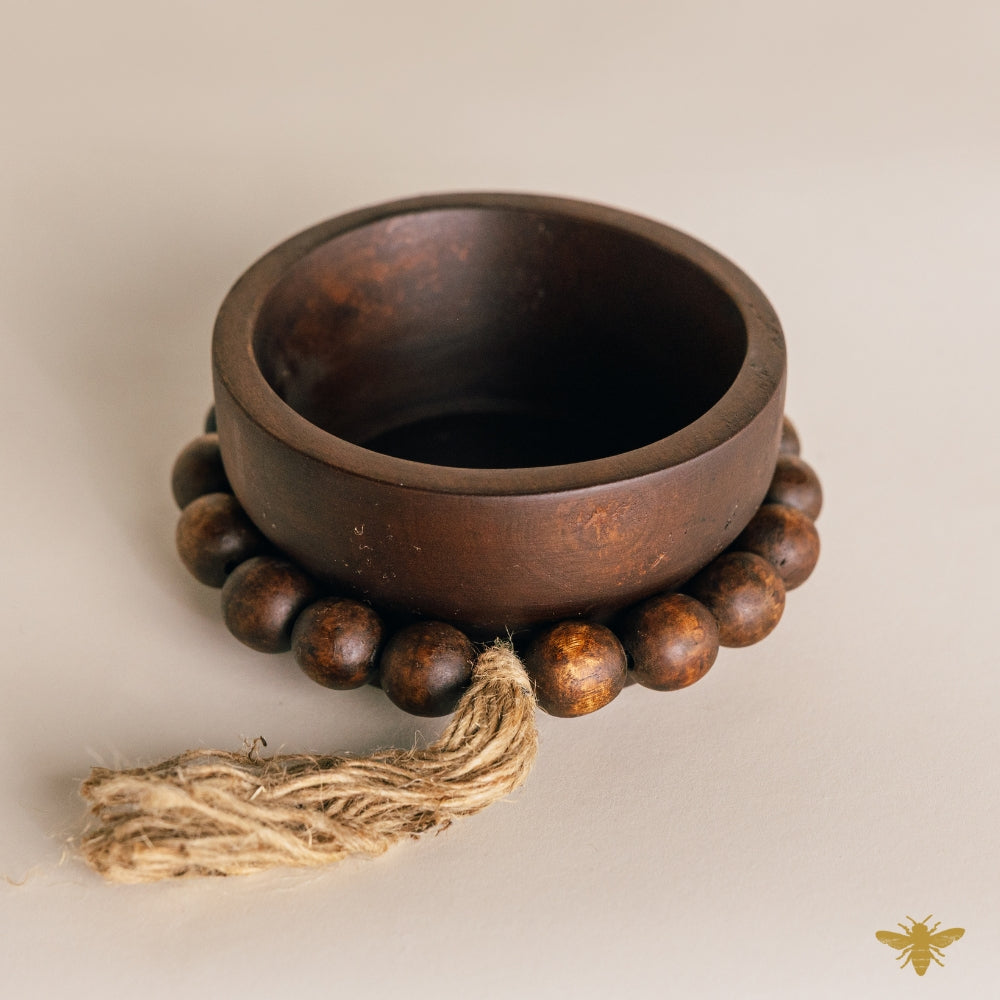 Acacia Wood Bowls | Round Mini Beaded Dough Bowl - Brown