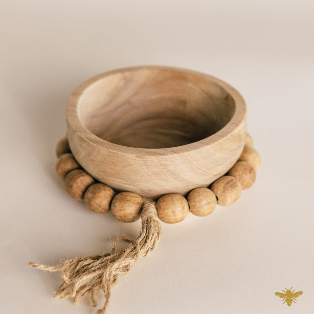 Acacia Wood Bowls | Round Mini Beaded Dough Bowl - Natural