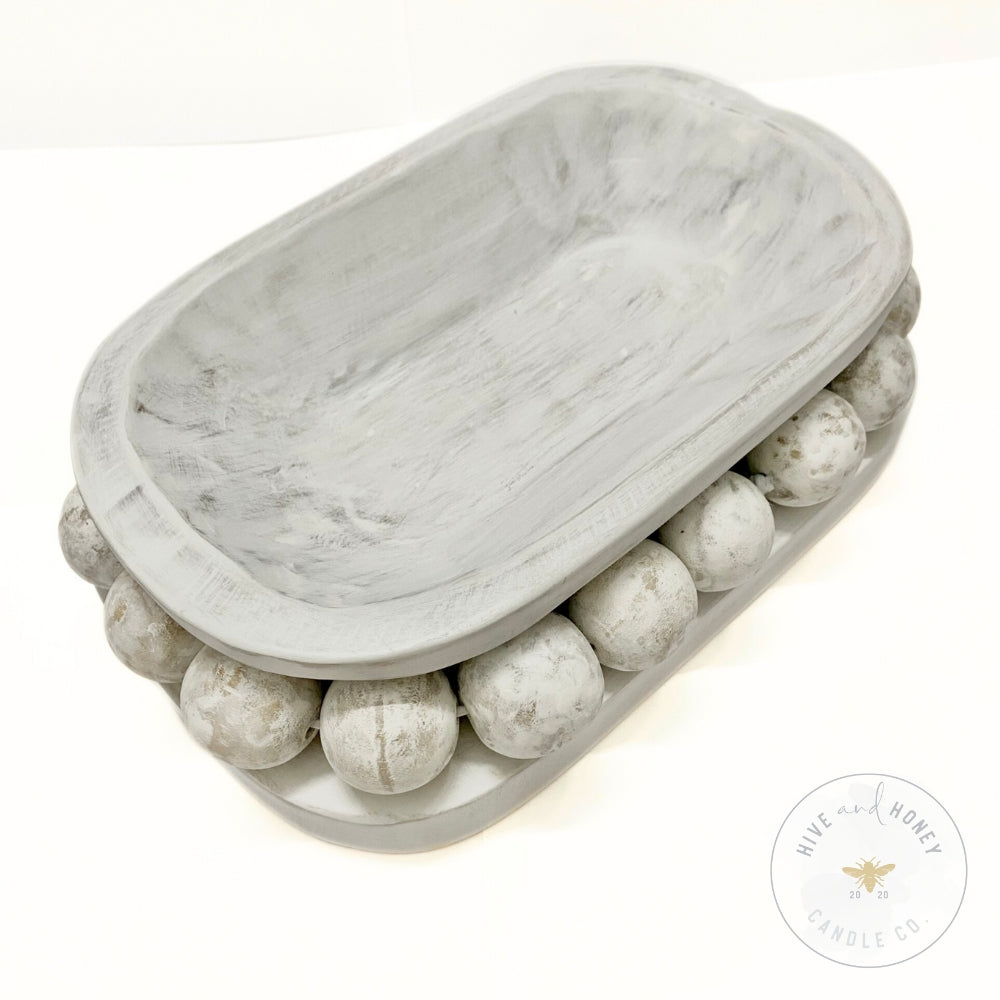 Acacia Wood | Large Oval Beaded Bowl - White