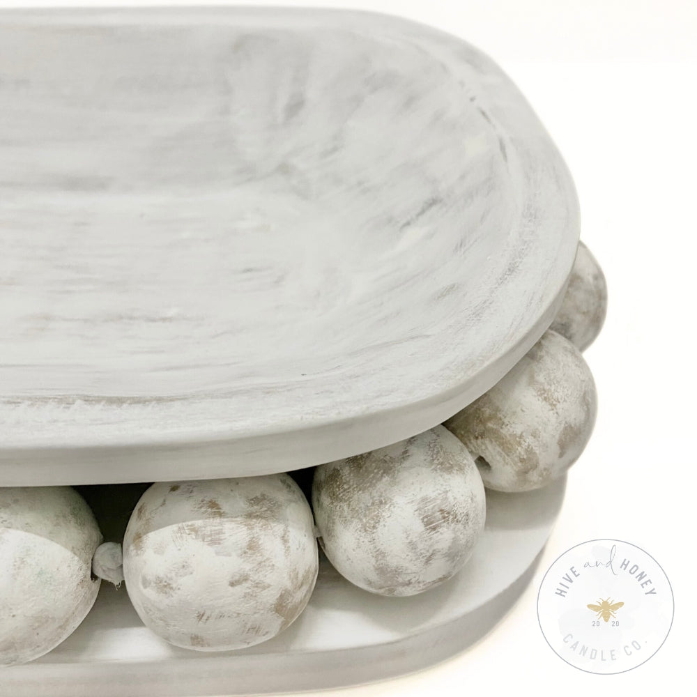 Acacia Wood | Large Oval Beaded Bowl - White