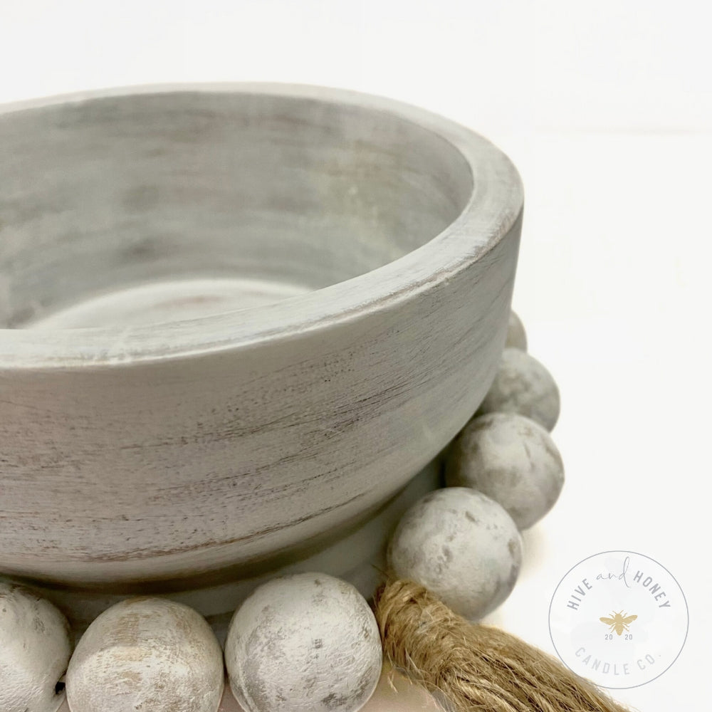 Acacia Wood | Round Mini Beaded Bowl - White