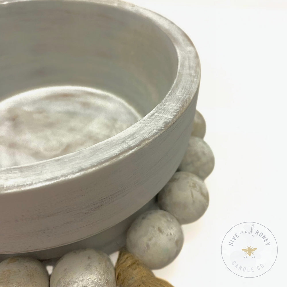 Acacia Wood | Round Mini Beaded Bowl - White