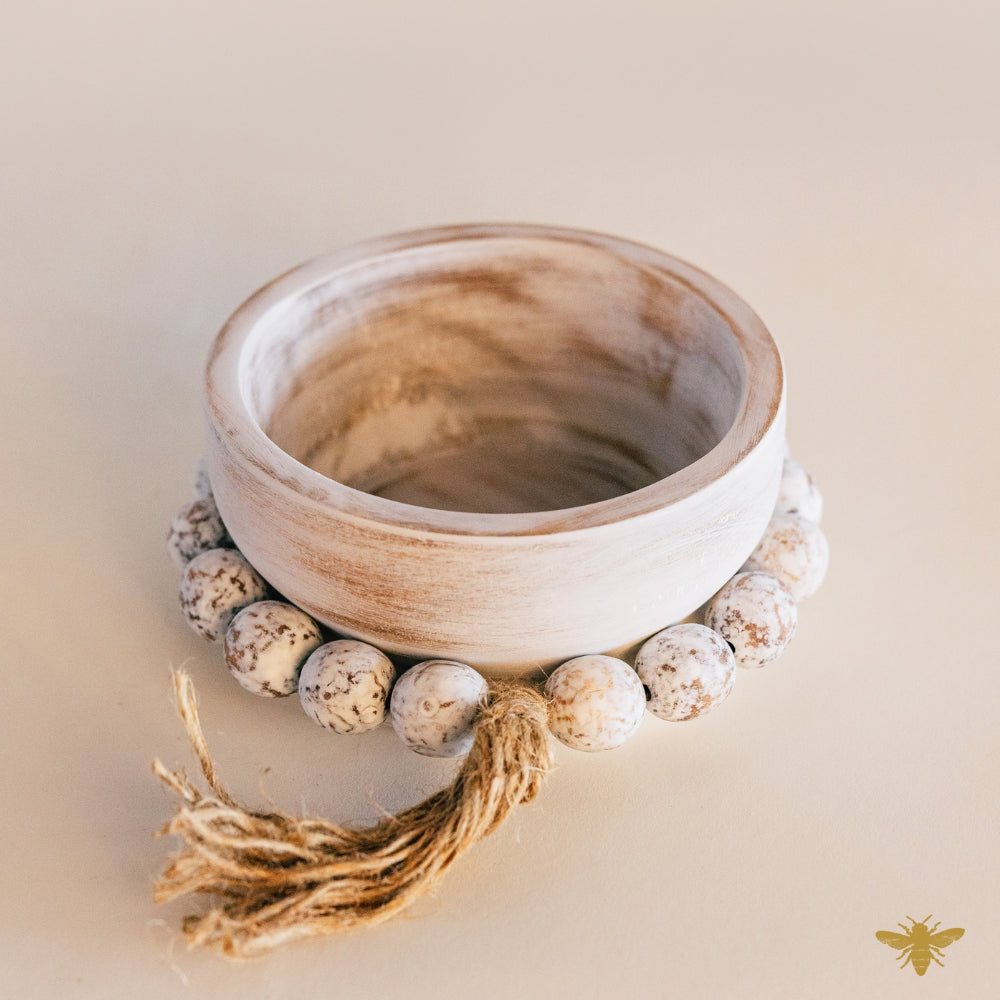 Acacia Wood Bowls | Round Mini Beaded Dough Bowl - White
