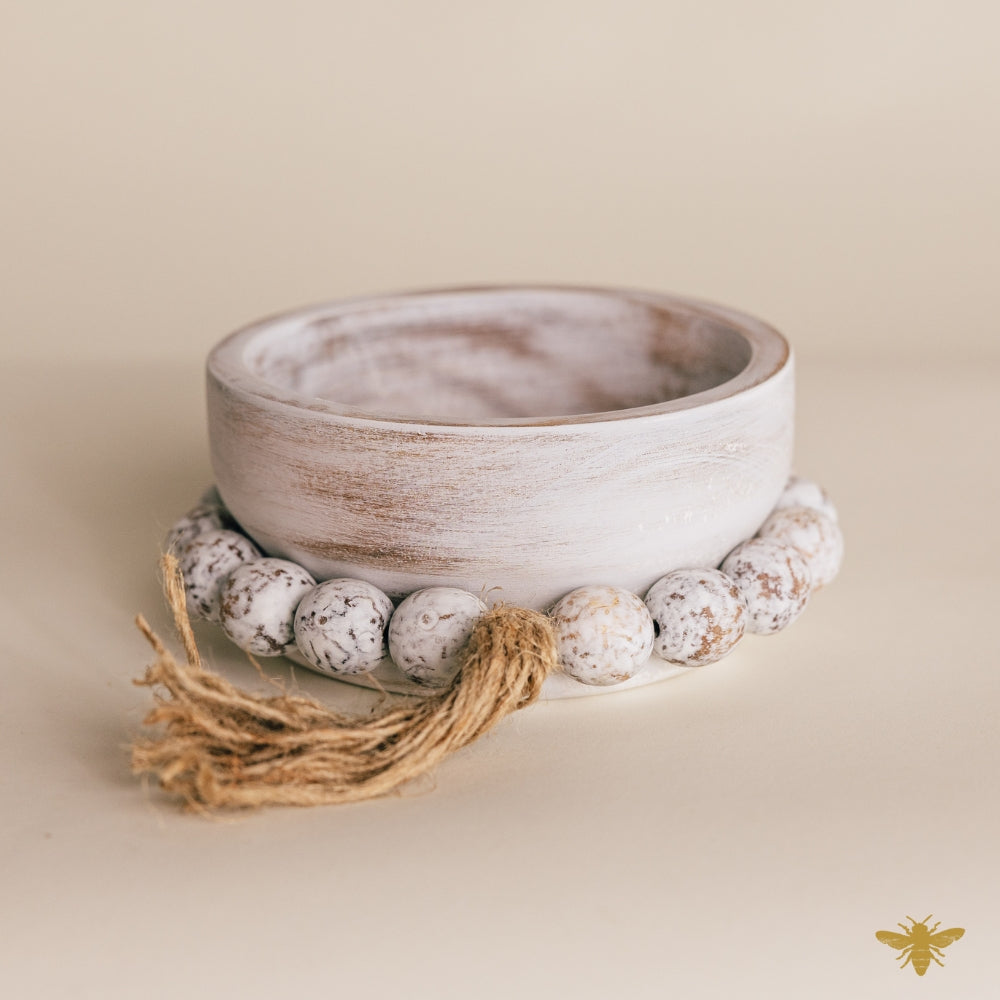 Acacia Wood Bowls | Round Mini Beaded Dough Bowl - White