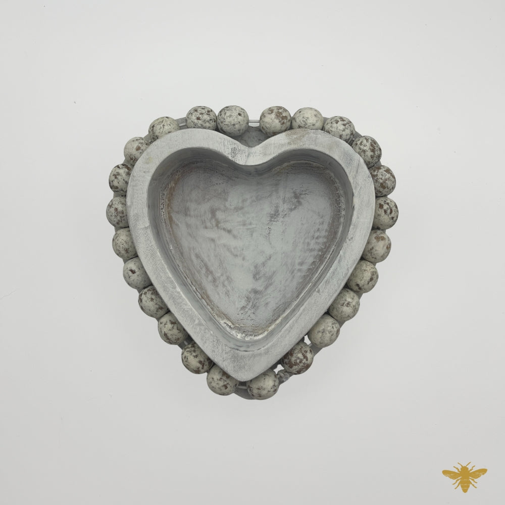 Acacia Wood | Beaded Heart Bowl - White