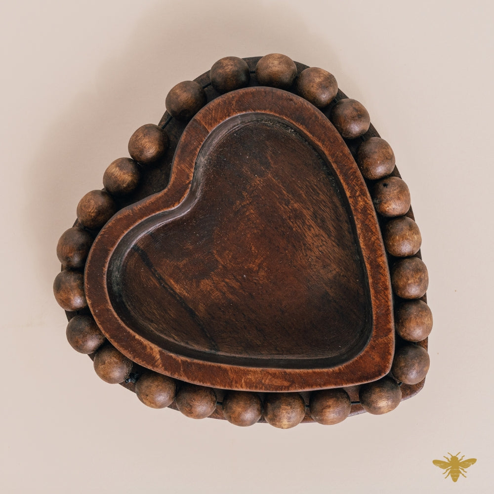 Acacia Wood Bowls | Beaded Heart Dough Bowl - Brown