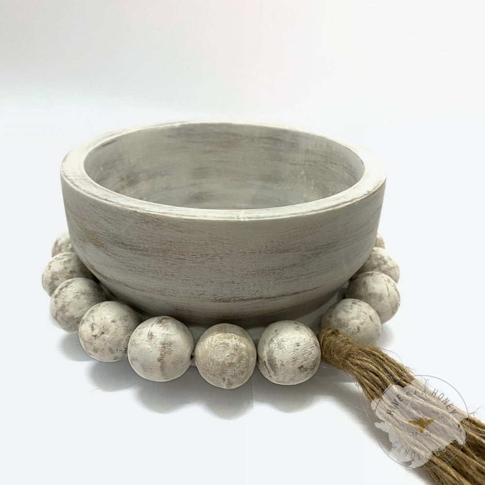 Acacia Wood | Round Mini Beaded Bowl - White