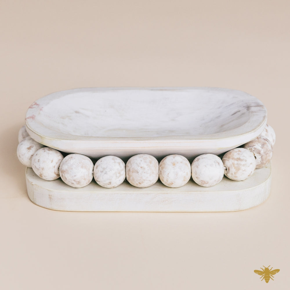 Acacia Wood Bowls | Large Oval Beaded Dough Bowl - White