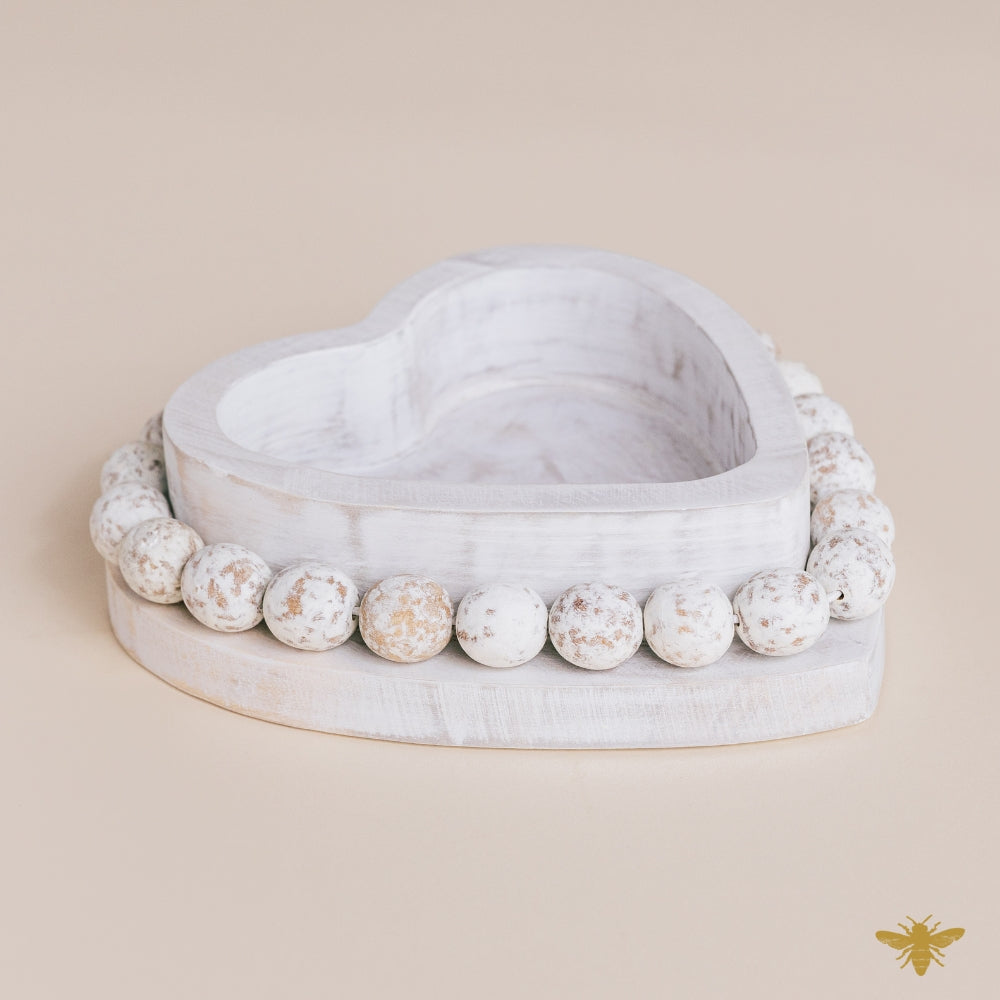 Acacia Wood Bowls | Beaded Heart Dough Bowl - White